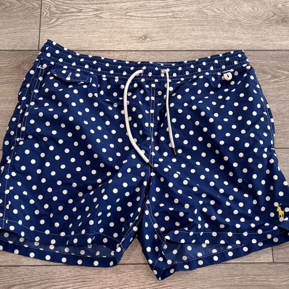 Polo Ralph Lauren Swim Trunks Mens Large Blue Polka Dot Pony Preppy Beach Summer